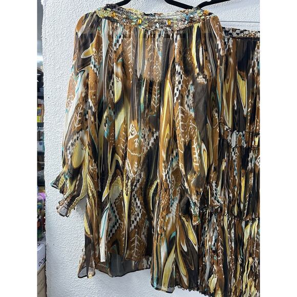 Vintage Peter Nygard Womens Sz 16 Brown Silk Abstract Peacock Skirt & Blouse Set - Picture 10 of 16